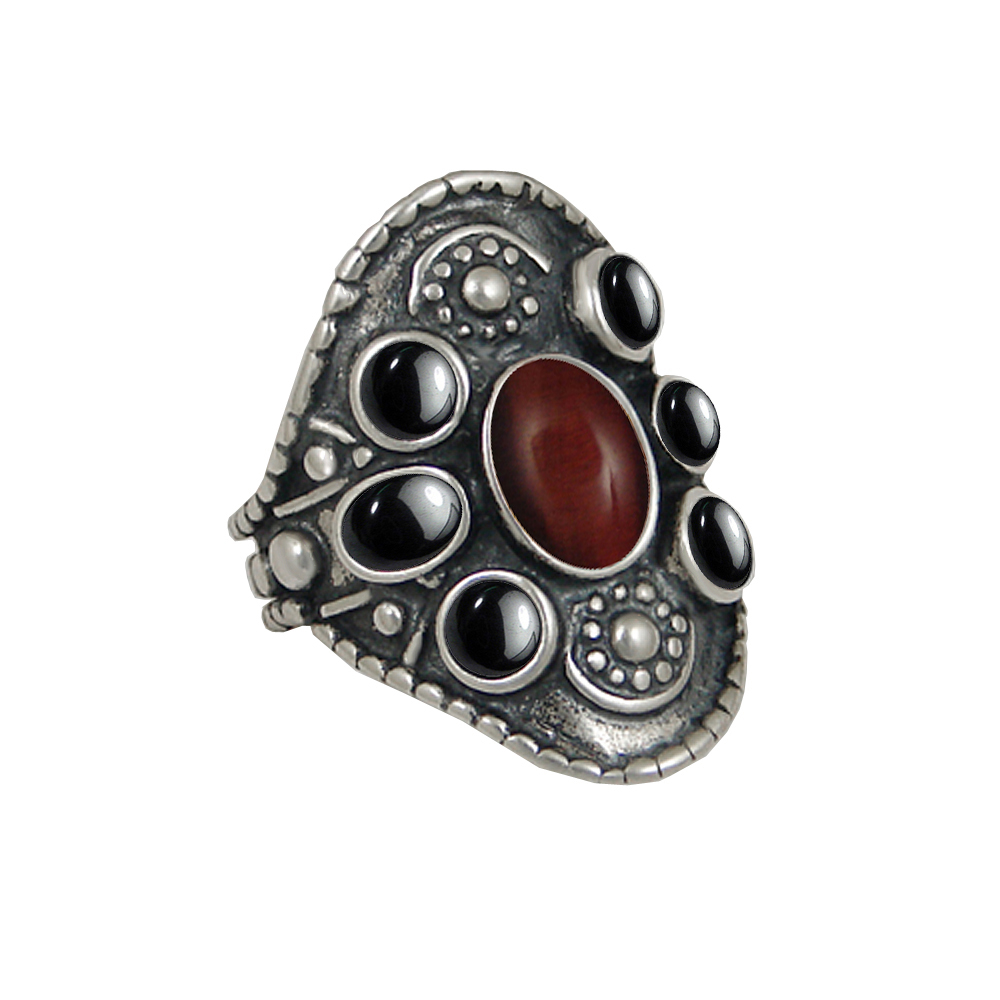 Sterling Silver High Queen's Ring With Red Tiger Eye And Hematite Size 7